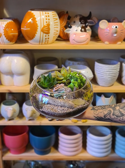 An arm is holding out a low clear glass bowl with succulents, stone and plants set up in a nice arrangement.